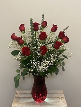 Dozen Long-Stemmed Red Roses in Red Vase