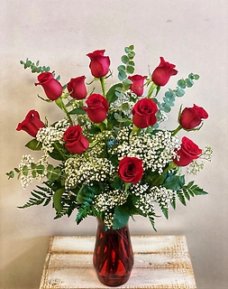 Dozen Long-Stemmed Red Roses in Red Vase