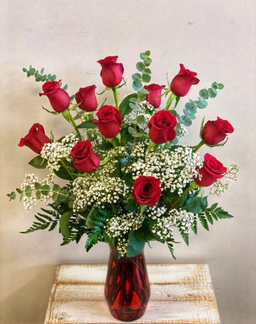 Dozen Roses in Red Vase*