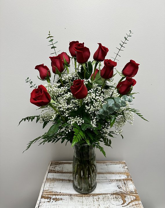 Dozen Long-Stemmed Roses in Vase