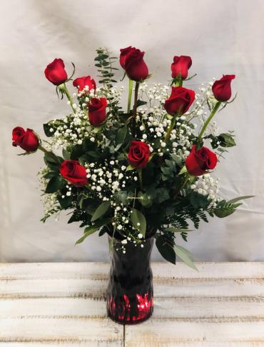 Dozen Roses in Red Vase*