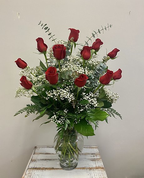 Dozen Long-Stemmed Roses in Classic Urn