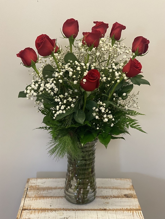 Dozen Red Roses with Evergreens