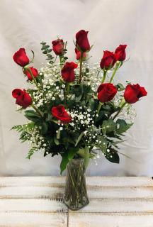 Dozen Long-Stem Roses in Vase