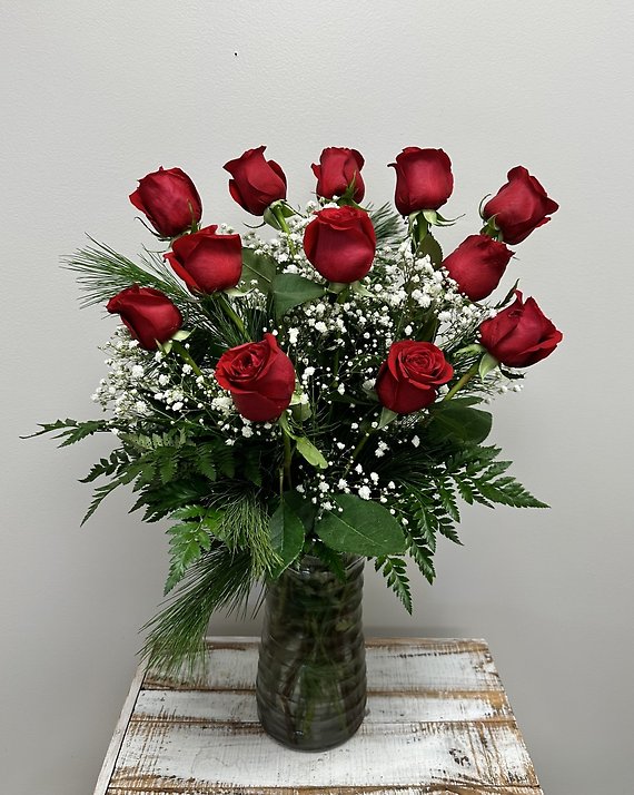 Dozen Red Roses with Evergreens